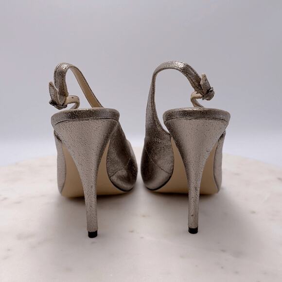 BCBGMAXAZRIA LibbyMet Pewter Metallic Peep Toe Heels 7.5 Holiday Party Pumps NYE - Picture 7 of 13